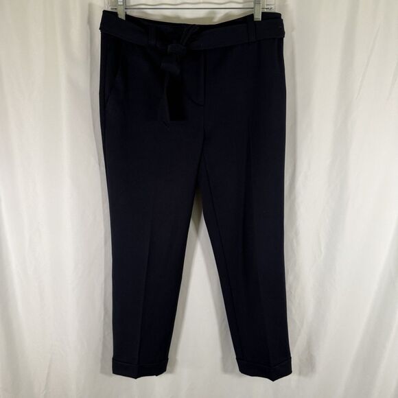 Loft Dress Pants Women's Petite 4 Blue Tie Waist Cuffed Hem Zip Button Slim Leg - Picture 1 of 12